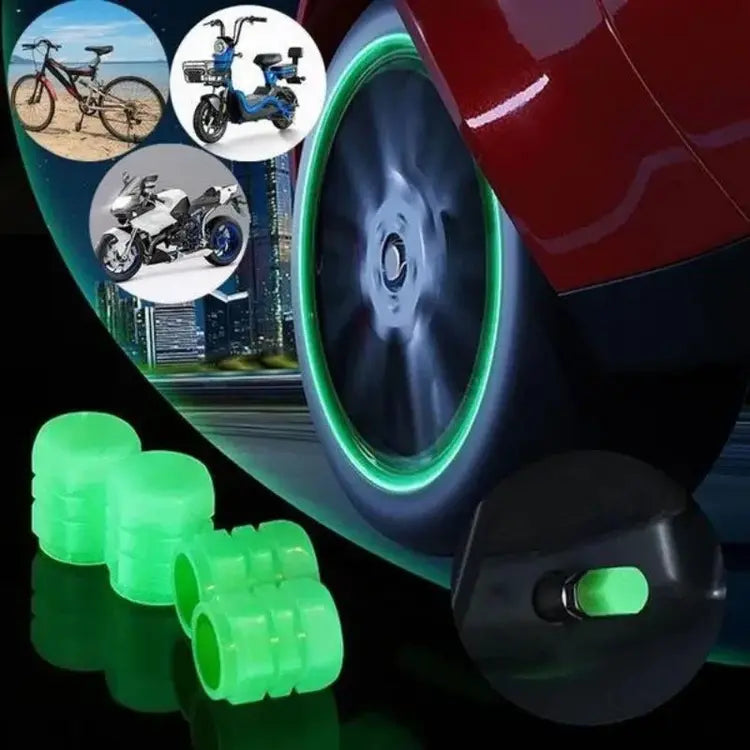 Luminous Tyre Valve Caps 4-Piece Set – Green Glow Wheel Accessories for Car, Bike & Motorcycle