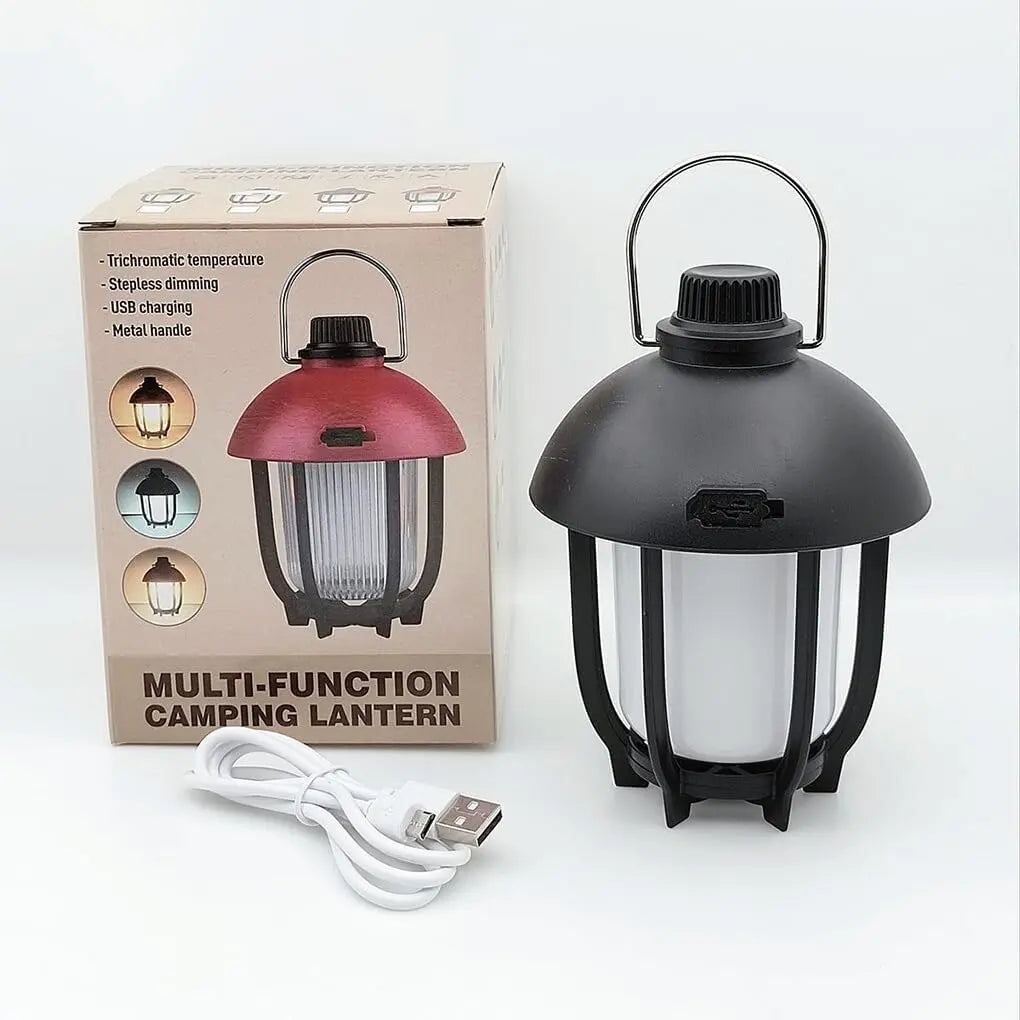 Rechargeable LED camping lantern with adjustable brightness and metal carry handle. Shop online across UAE.