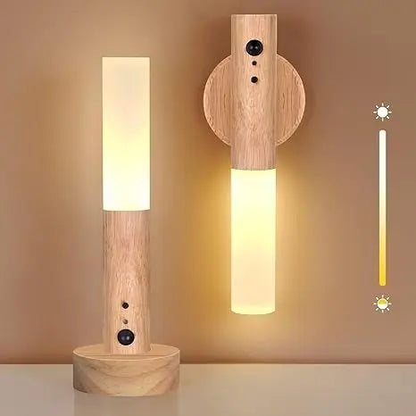 Minimalist wood LED lamp with dimmable brightness, switches between table and wall use. Shop online across UAE.