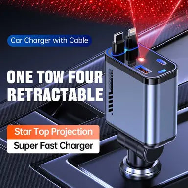 Retractable 4-in-1 Car Charger with Star Projection Light – Super Fast Multi-Port Charging