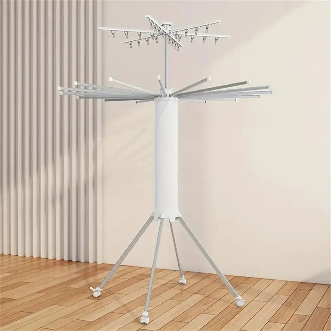 2-Tier Rolling Umbrella Clothes Drying Rack | Foldable Laundry Stand with Clips & Wheels