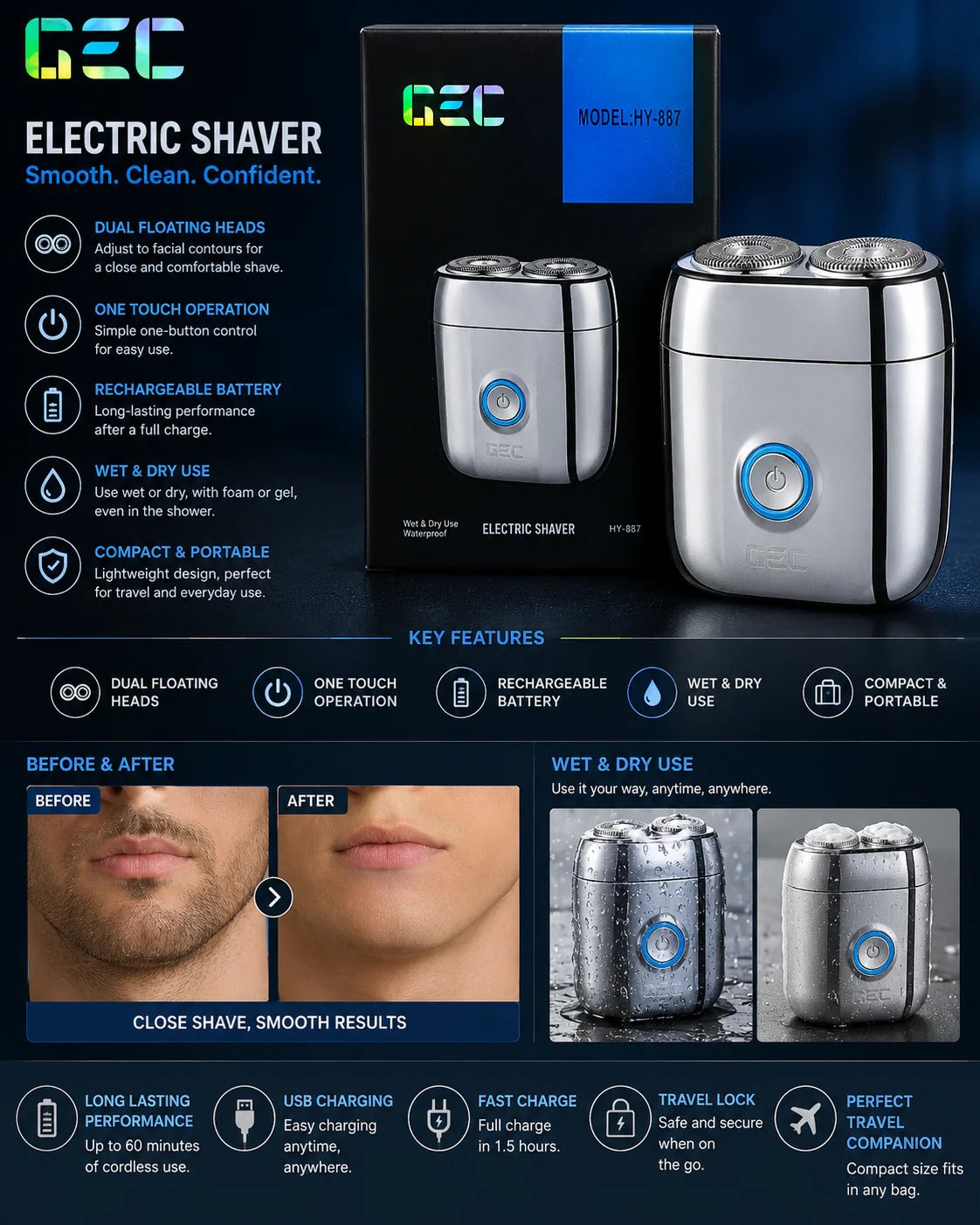 GEC Portable Electric Shaver – Dual Rotary Head Men’s Electric Razor