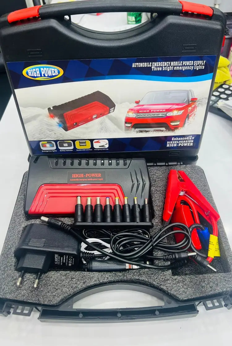 12V High-Power Car Jump Starter & Emergency Power Supply Kit – Diesel Version with Jumper Cables, USB & Emergency Light