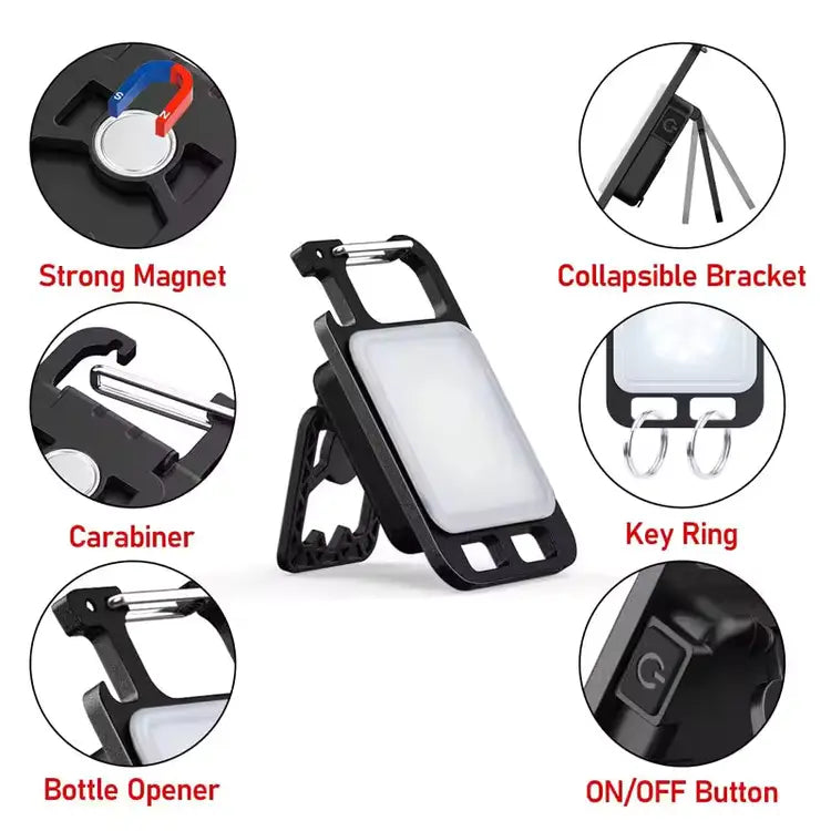 LED Rechargeable Keychain Light with Carabiner & Folding Stand – Portable Work Light