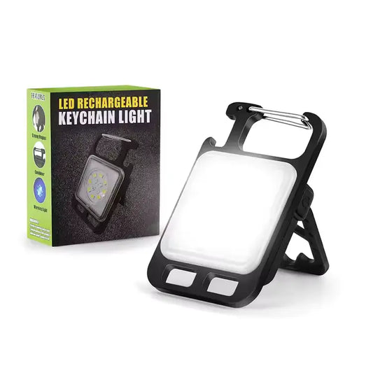 LED Rechargeable Keychain Light with Carabiner & Folding Stand – Portable Work Light
