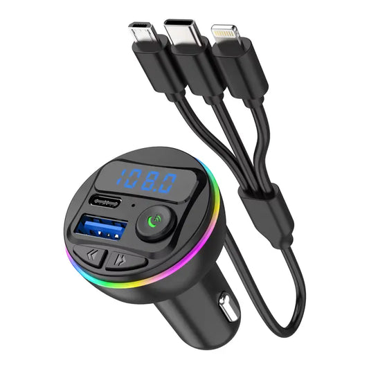 Bluetooth FM Transmitter Car Charger – LED Display with 3-in-1 Charging Cable