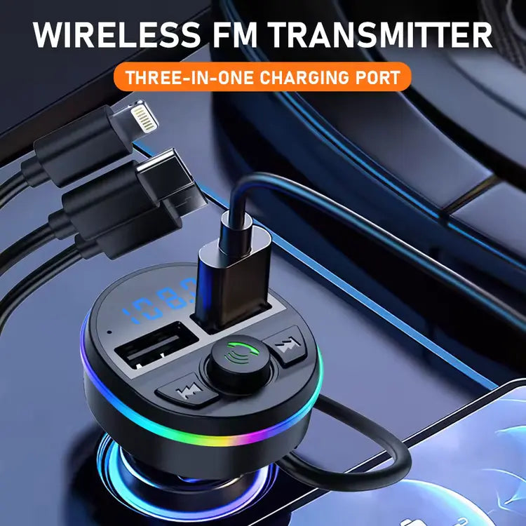 Bluetooth FM Transmitter Car Charger – LED Display with 3-in-1 Charging Cable