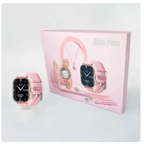 5-in-1 Women's Smart Watch & Jewelry Gift Set – Rose Gold Bundle with Bracelet & Necklace
