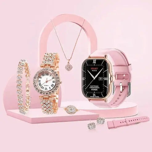 5-in-1 Women's Smart Watch & Jewelry Gift Set – Rose Gold Bundle with Bracelet & Necklace