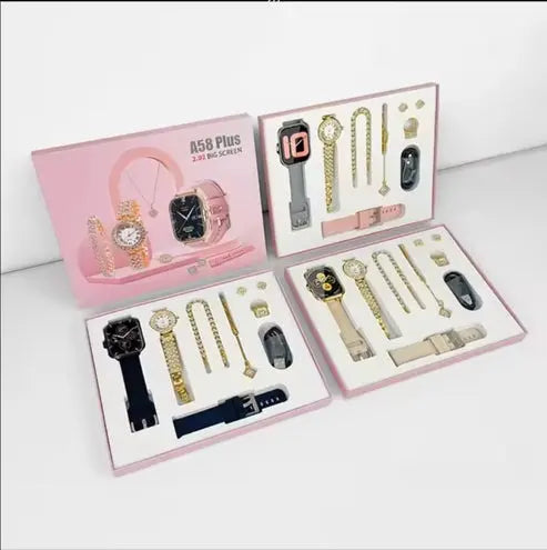 5-in-1 Women's Smart Watch & Jewelry Gift Set – Rose Gold Bundle with Bracelet & Necklace