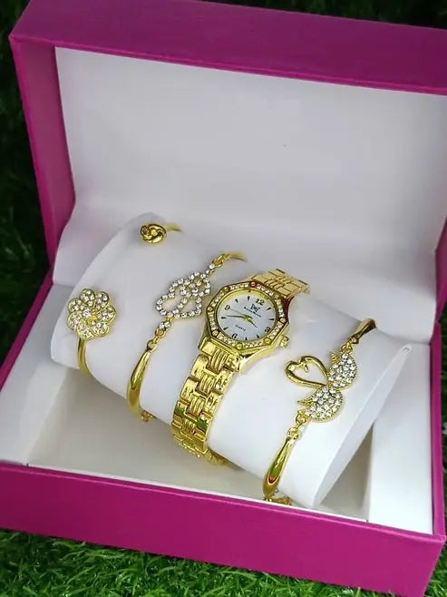 Gold-Tone Watch & Bracelet Gift Set – 5-Piece Women's Jewelry Set in Gift Box