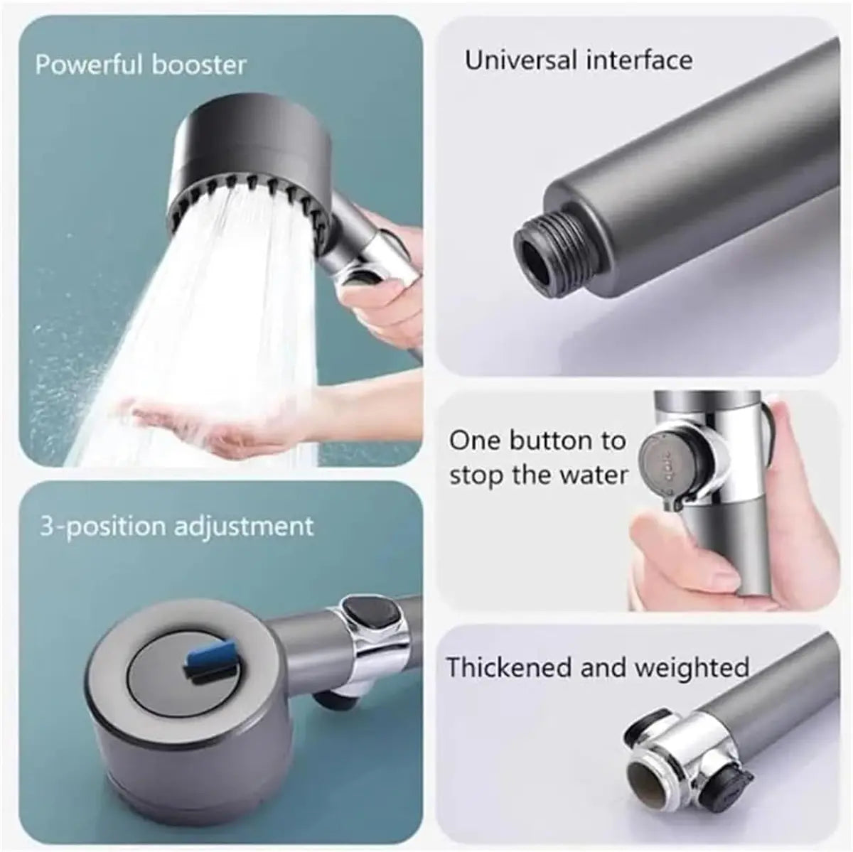 High Pressure Booster Shower Head | 3-Position Spray Adjustment with Water-Saving Stop Button