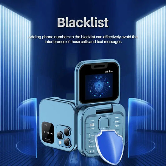 Mini Flip Phone with Dual SIM & Call Blacklist – Compact Keypad Mobile Phone (i16 Pro)