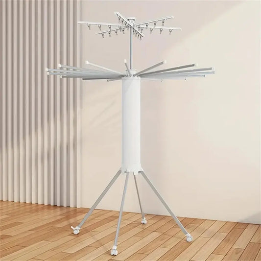2-Tier Rolling Umbrella Clothes Drying Rack | Foldable Laundry Stand with Clips & Wheels