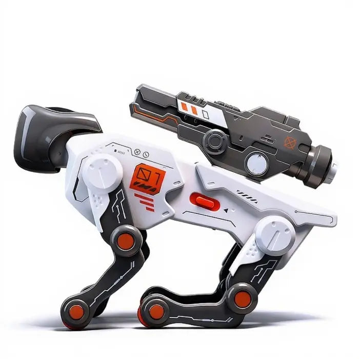 Robotic Quadruped Toy with Sci-Fi Blaster Accessory – Articulated LED Robot Dog