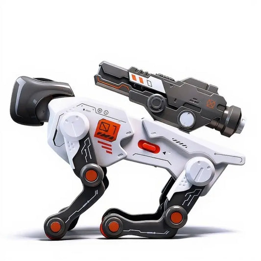 Robotic Quadruped Toy with Sci-Fi Blaster Accessory – Articulated LED Robot Dog