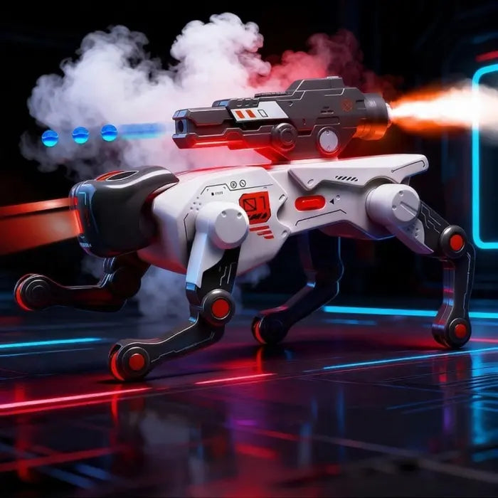 Robotic Quadruped Toy with Sci-Fi Blaster Accessory – Articulated LED Robot Dog