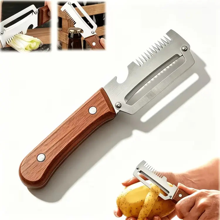 Multifunction Stainless Steel Vegetable Peeler with Wooden Handle & Bottle Opener