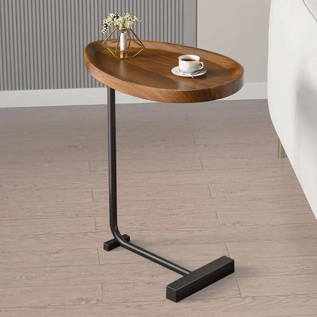 C-Shaped Sofa Side Table with Oval Wood Top | Modern Slide-Under Laptop & Coffee Table – UAE
