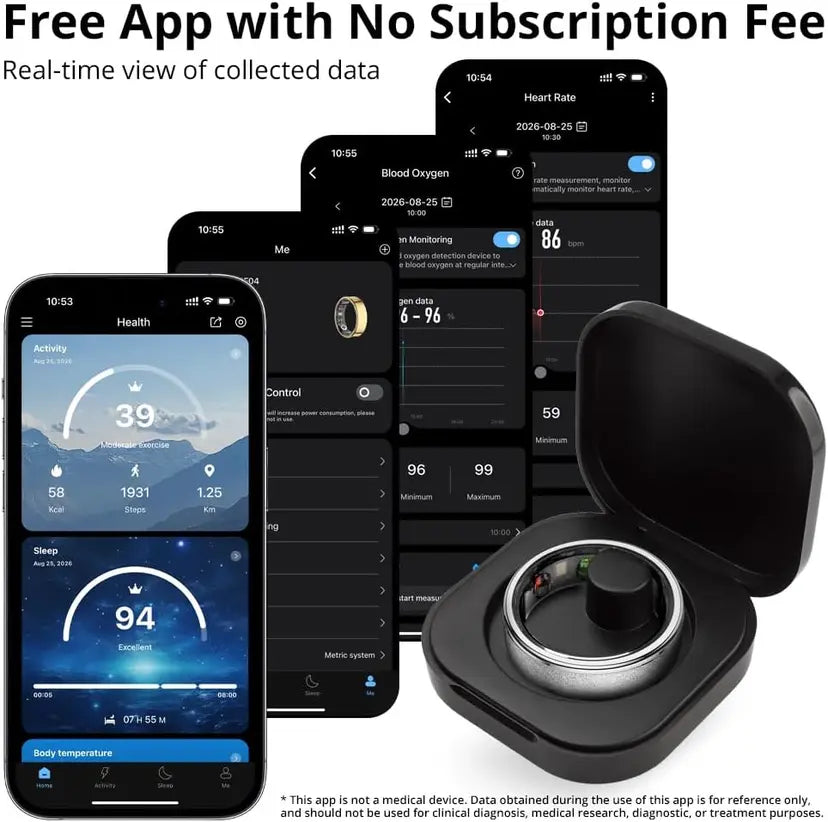 Smart Health Tracking Ring with Charging Case – Wearable Sensor Ring with Sizing Inserts
