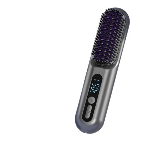 2-in-1 Hair Straightening Brush with Digital Temperature Display – Black & Purple