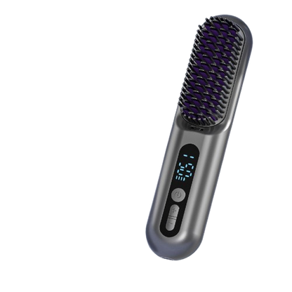 2-in-1 Hair Straightening Brush with Digital Temperature Display – Black & Purple