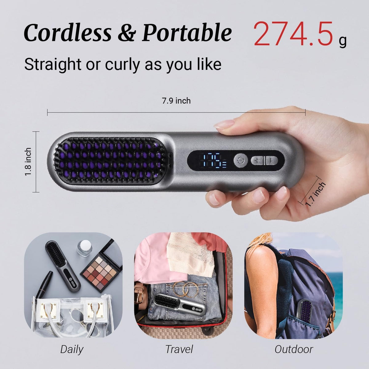 2-in-1 Hair Straightening Brush with Digital Temperature Display – Black & Purple