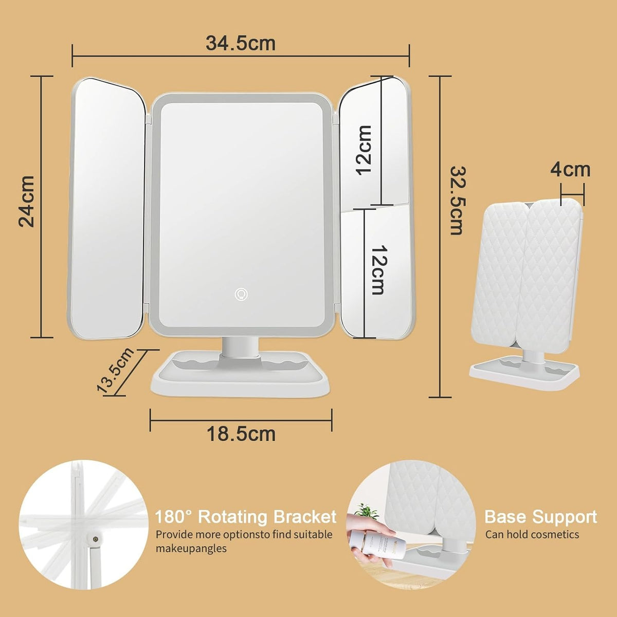 3-Fold LED Makeup Mirror with 2X & 3X Magnification – Tabletop Vanity Mirror