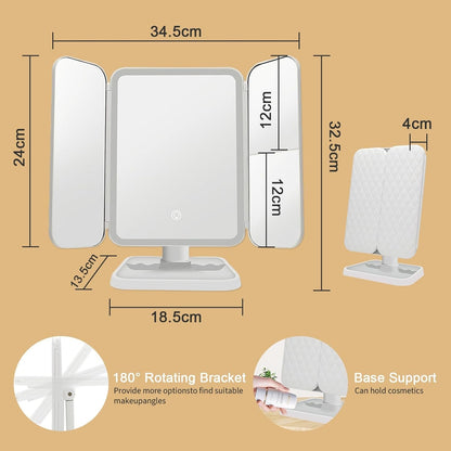 3-Fold LED Makeup Mirror with 2X & 3X Magnification – Tabletop Vanity Mirror