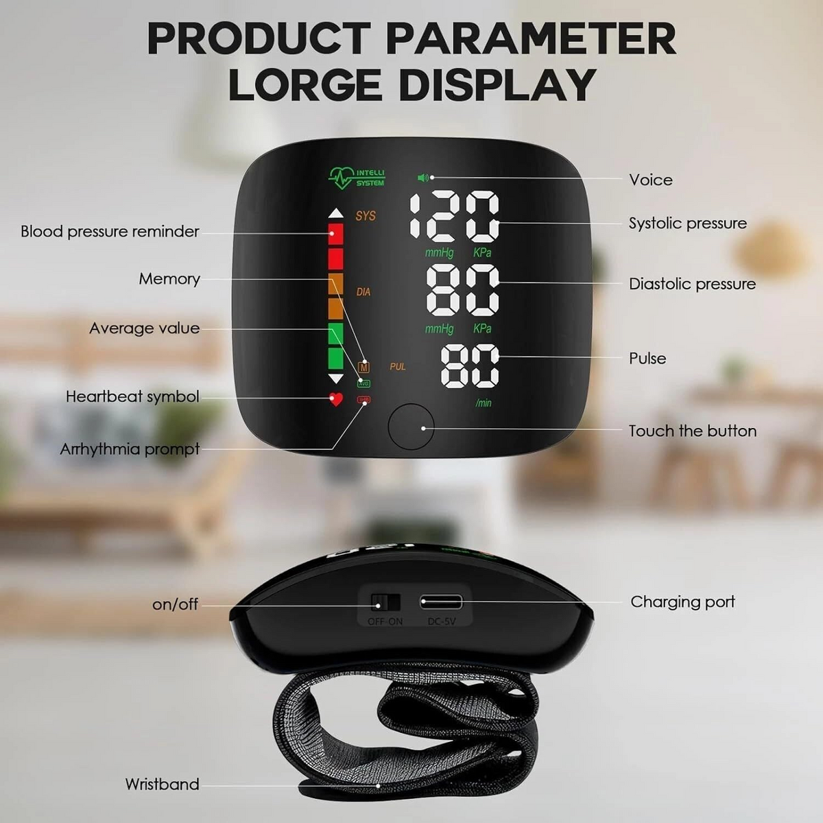 Automatic Wrist Blood Pressure Monitor – Digital BP & Pulse Meter with Large LED Display