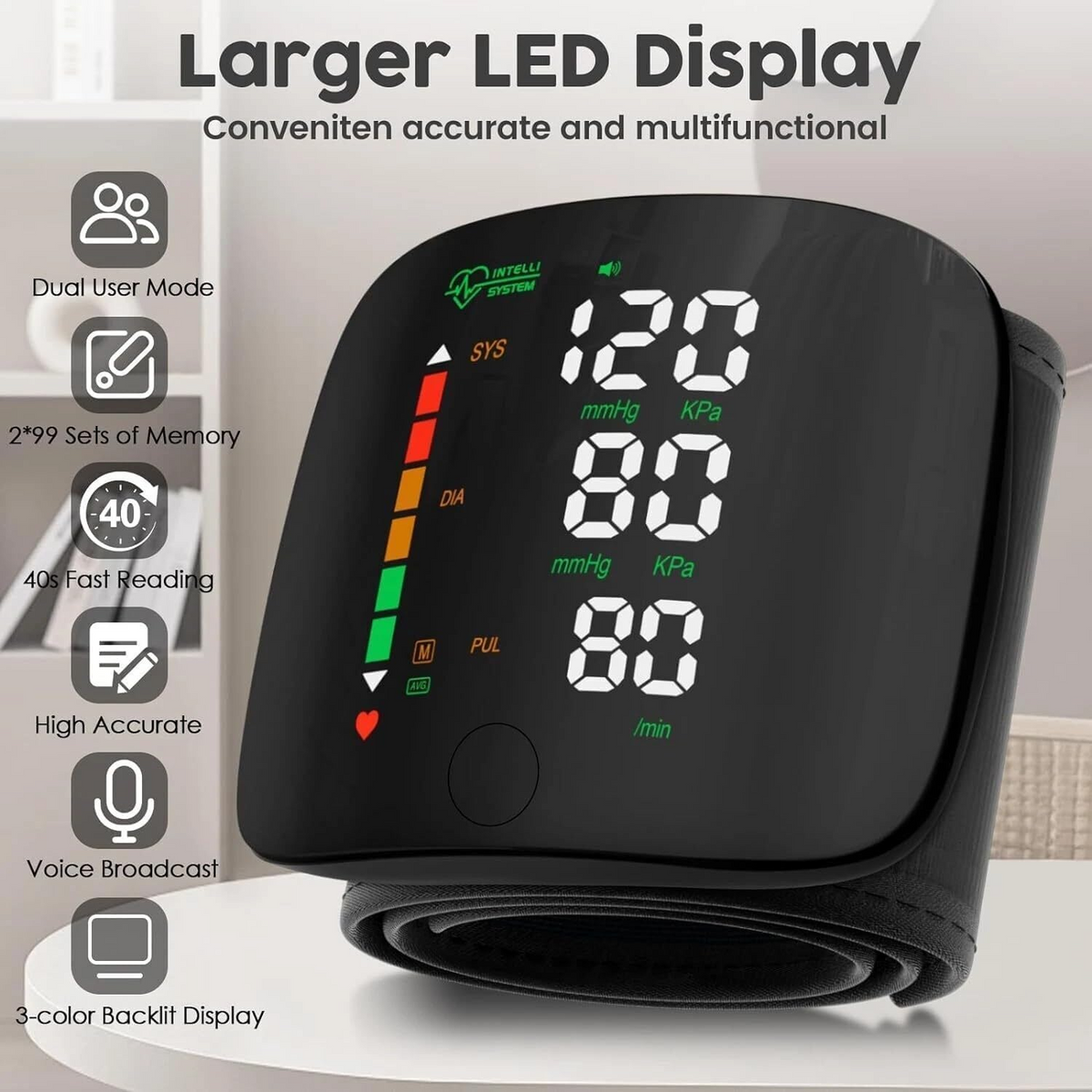 Automatic Wrist Blood Pressure Monitor – Digital BP & Pulse Meter with Large LED Display