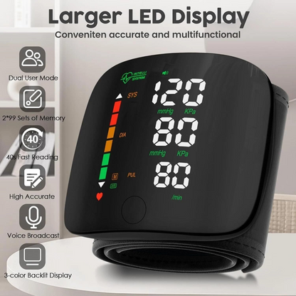 Automatic Wrist Blood Pressure Monitor – Digital BP & Pulse Meter with Large LED Display