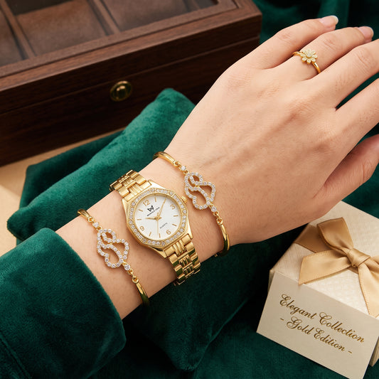 Gold-Tone Watch & Bracelet Gift Set – 5-Piece Women's Jewelry Set in Gift Box