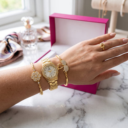 Gold-Tone Watch & Bracelet Gift Set – 5-Piece Women's Jewelry Set in Gift Box