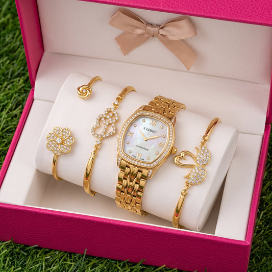 Gold-Tone Watch & Bracelet Gift Set – 5-Piece Women's Jewelry Set in Gift Box