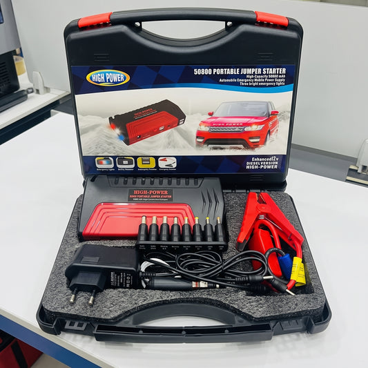 12V High-Power Car Jump Starter & Emergency Power Supply Kit – Diesel Version with Jumper Cables, USB & Emergency Light