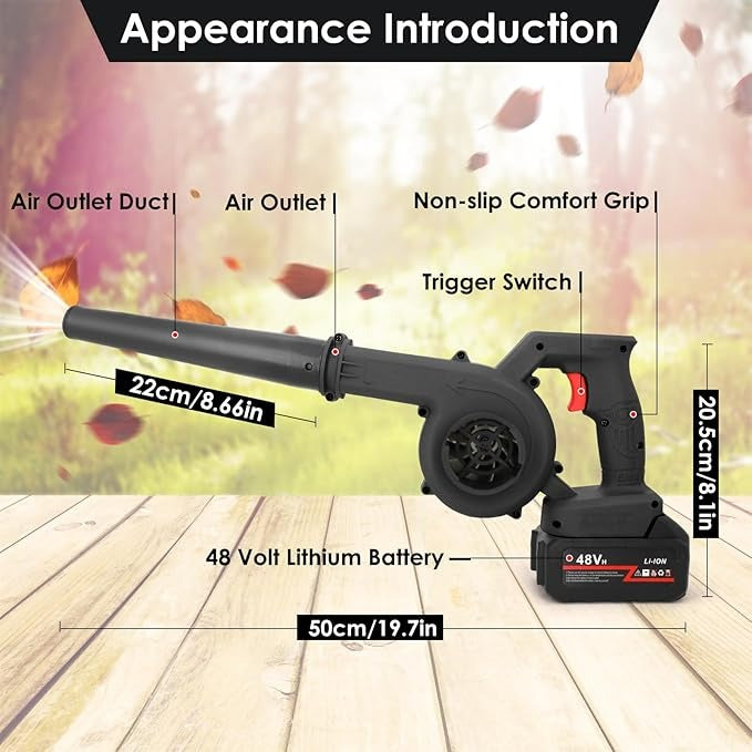 Cordless 48V Lithium-Ion Air Blower | Handheld Battery-Powered Blower with 2 Batteries & Charger
