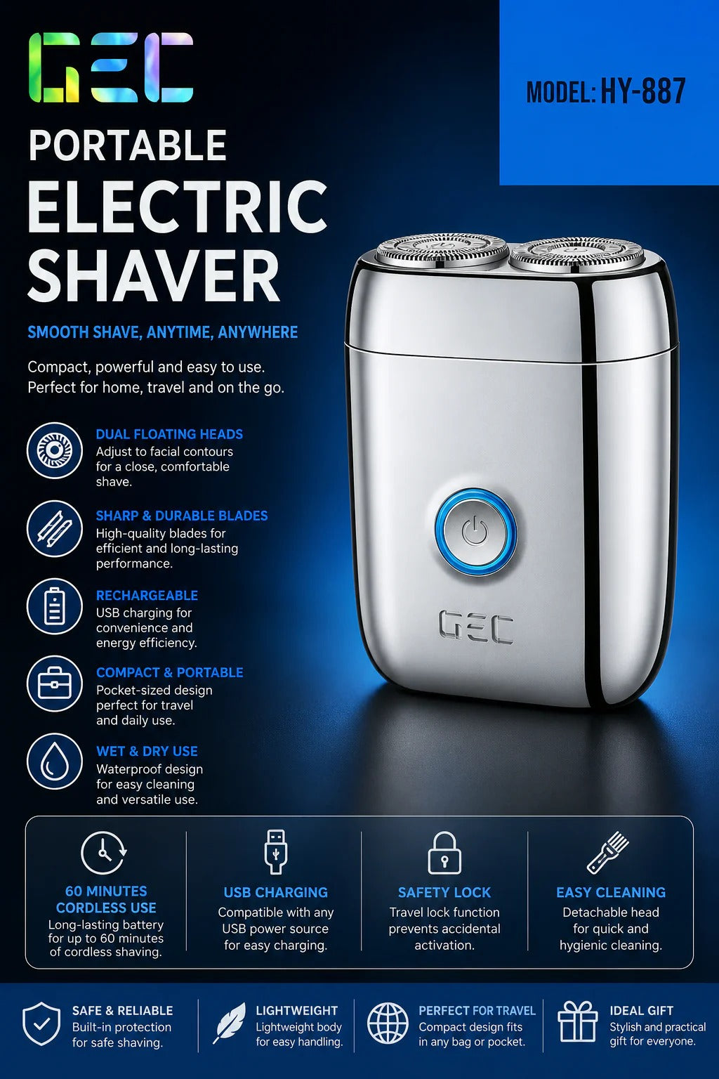 GEC Portable Electric Shaver – Dual Rotary Head Men’s Electric Razor