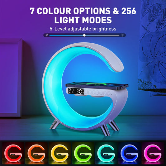 4-in-1 LED Alarm Clock with Wireless Phone Charging, Bluetooth Speaker, FM Radio & Dimmable Night Light