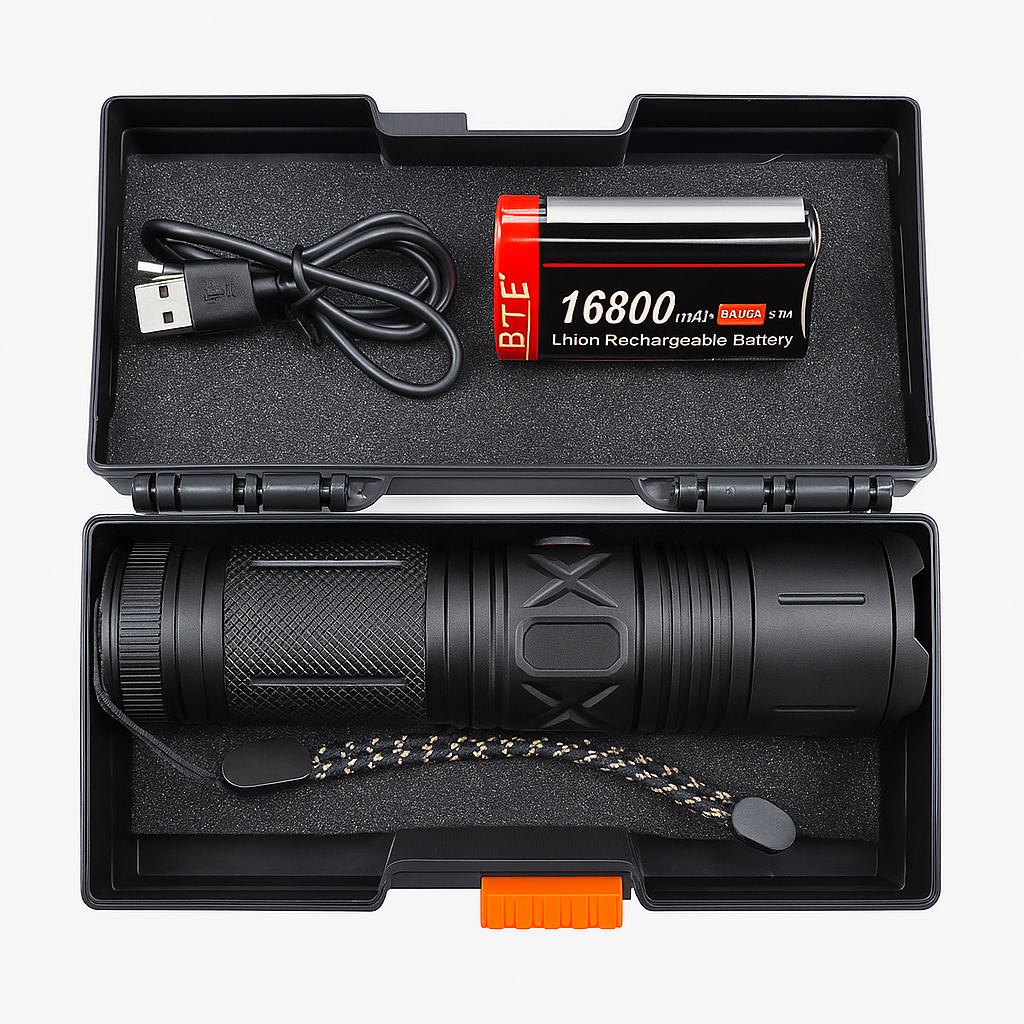 High Power Rechargeable LED Flashlight Kit | Tactical Torch with 16800mAh Battery & Carrying Case
