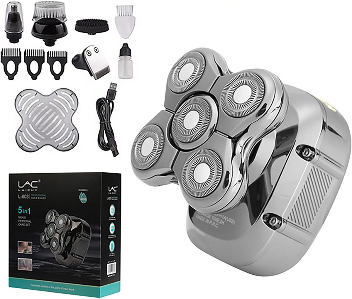 Laichy L-803 5-in-1 Professional Men’s Electric Shaver – 5 Rotary Heads with Grooming Attachments