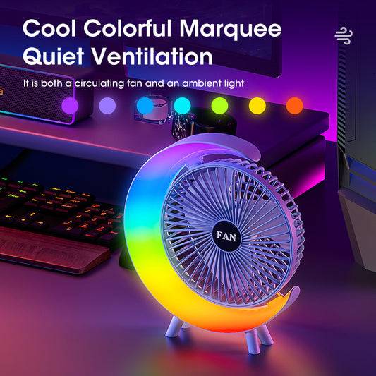 Title: RGB LED Desk Fan with Colorful Ambient Light – Portable Table Fan