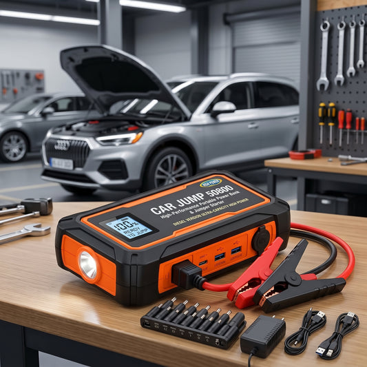 12V High-Power Car Jump Starter & Emergency Power Supply Kit – Diesel Version with Jumper Cables, USB & Emergency Light