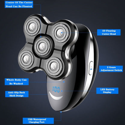 5D Floating Head Shaver for Men – Waterproof Electric Rotary Shaver with LED Battery Display & 2-Speed Control