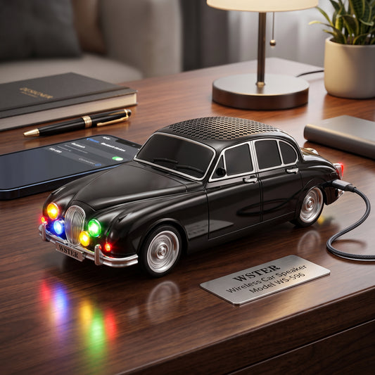 Retro Classic Car Wireless Speaker – Vintage Black Car Design with LED Lights