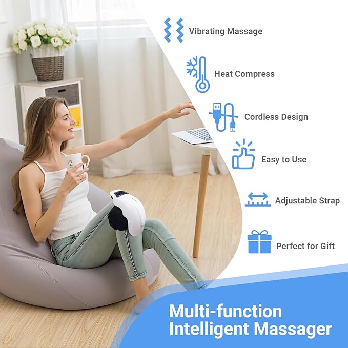 Wireless Knee Massager with Heat & Vibration – Adjustable Cordless Leg Massage Wrap
